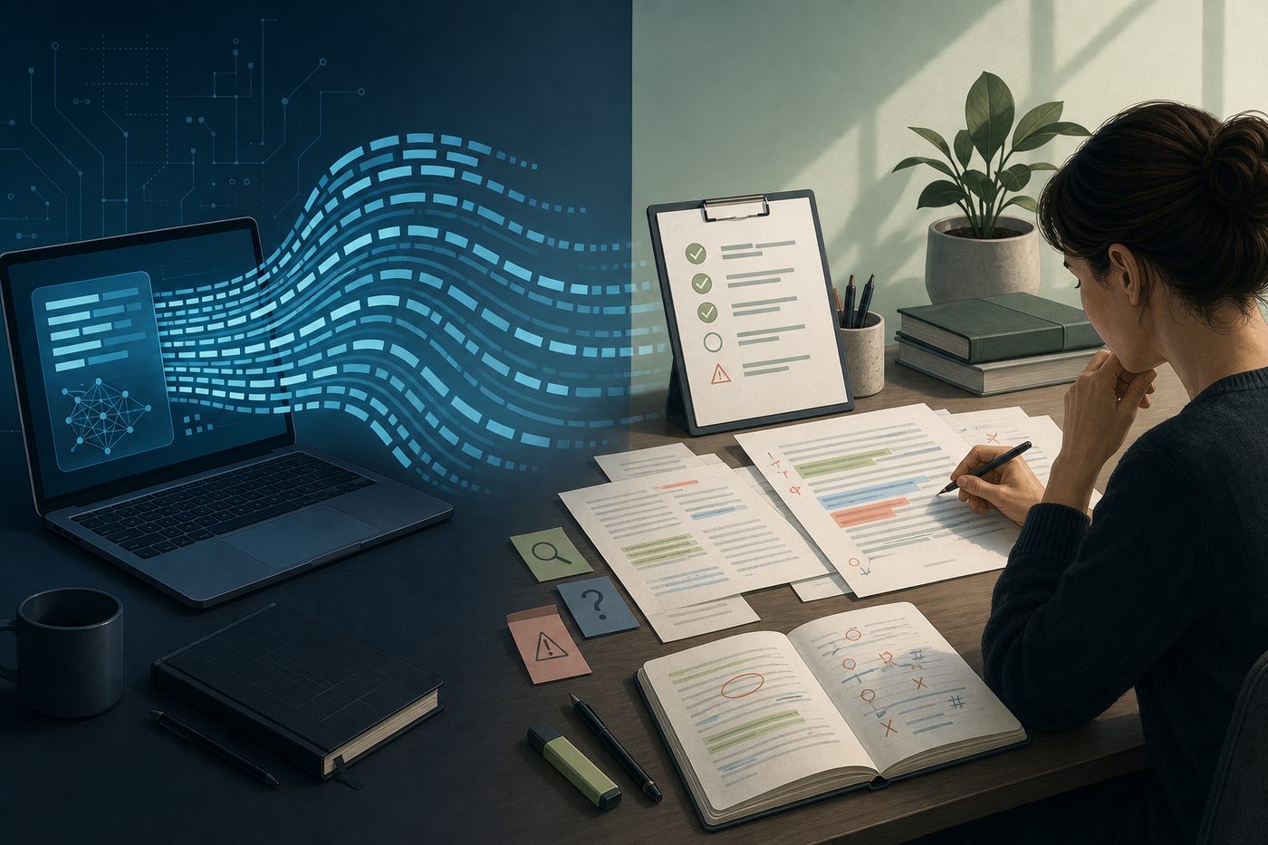 LLM 문장 패턴과 팩트체크 체크리스트가 대비되는 블로그 일러스트